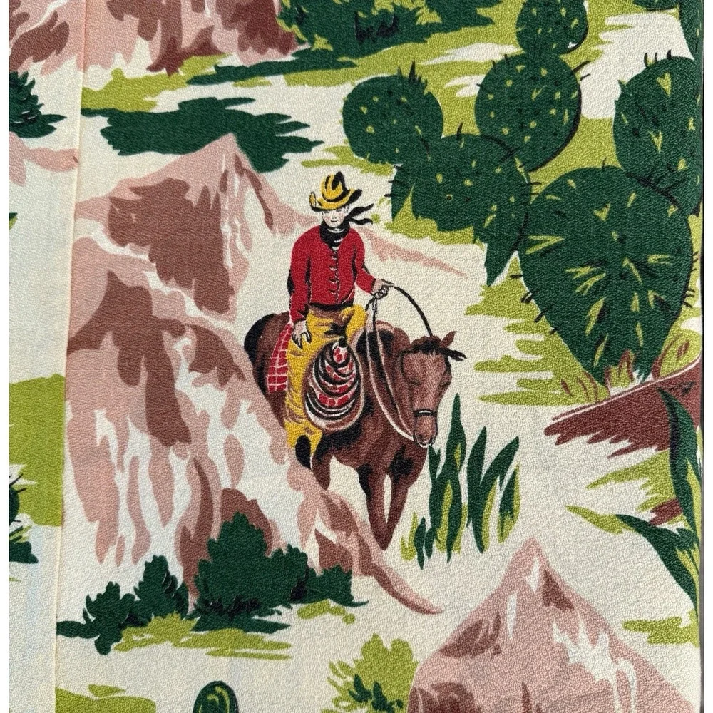 VTG Western Rodeo Horses Barkcloth Curtain Cowboys Cactus 73